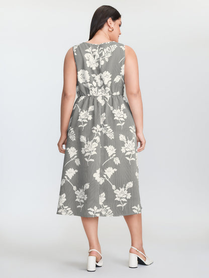 Striped Floral Print Notched Collar Midi Dress