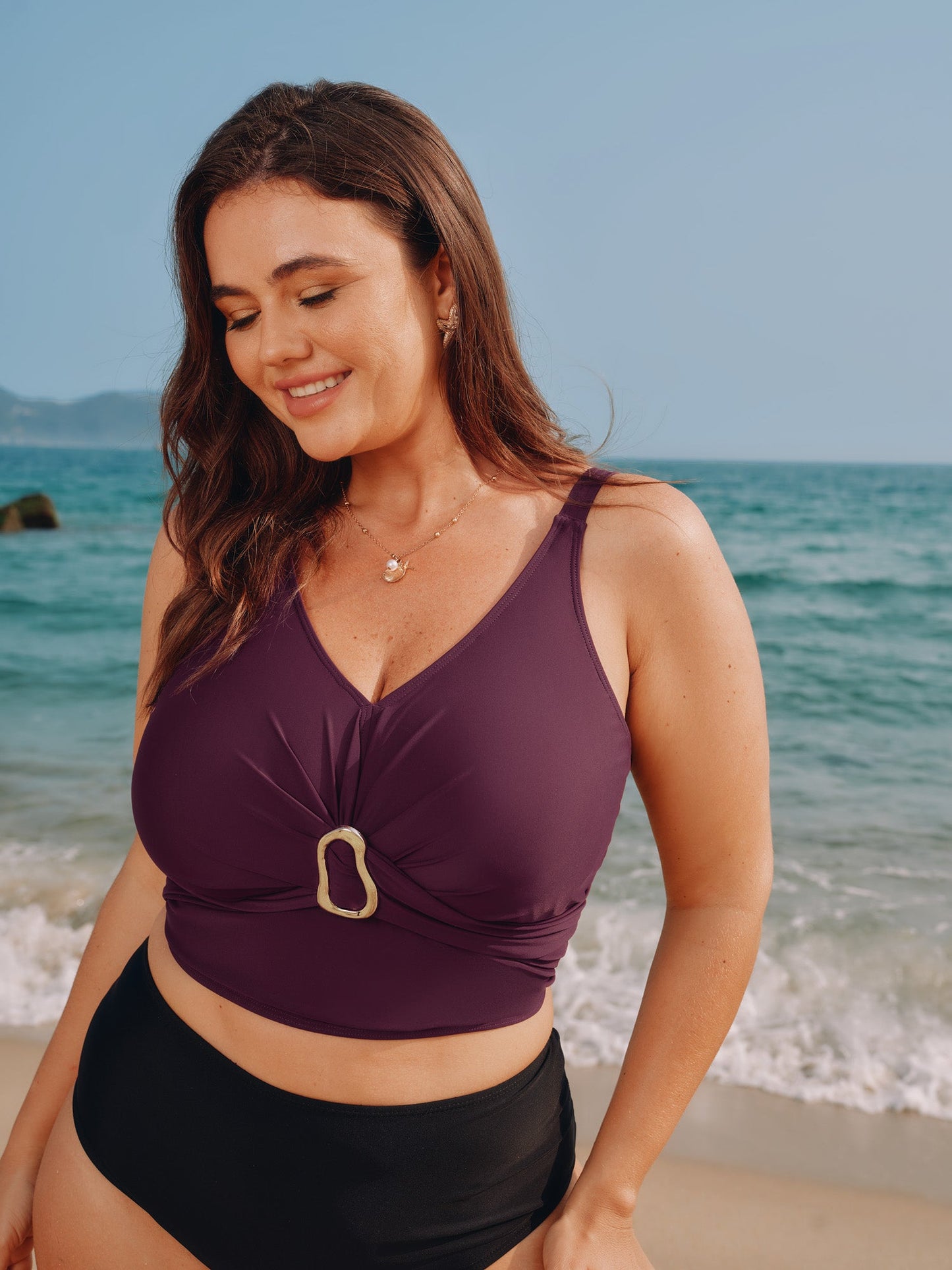 Gathered Metal Buckle Swim Top