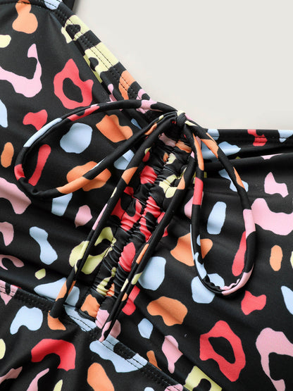 Multicolor Leopard Print Drawstring Swim Top