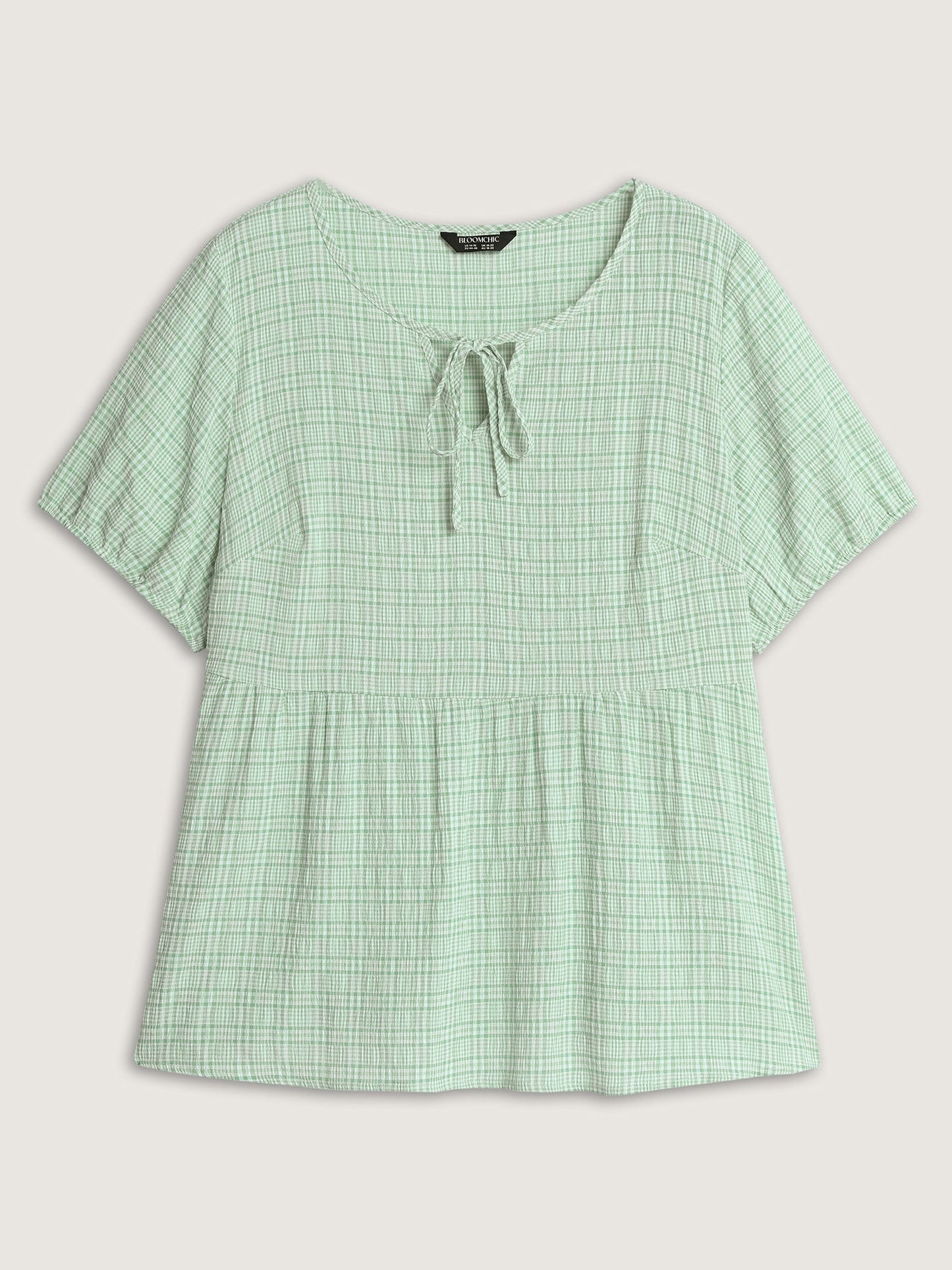 Grid Textured Drawstring Neckline Blouse