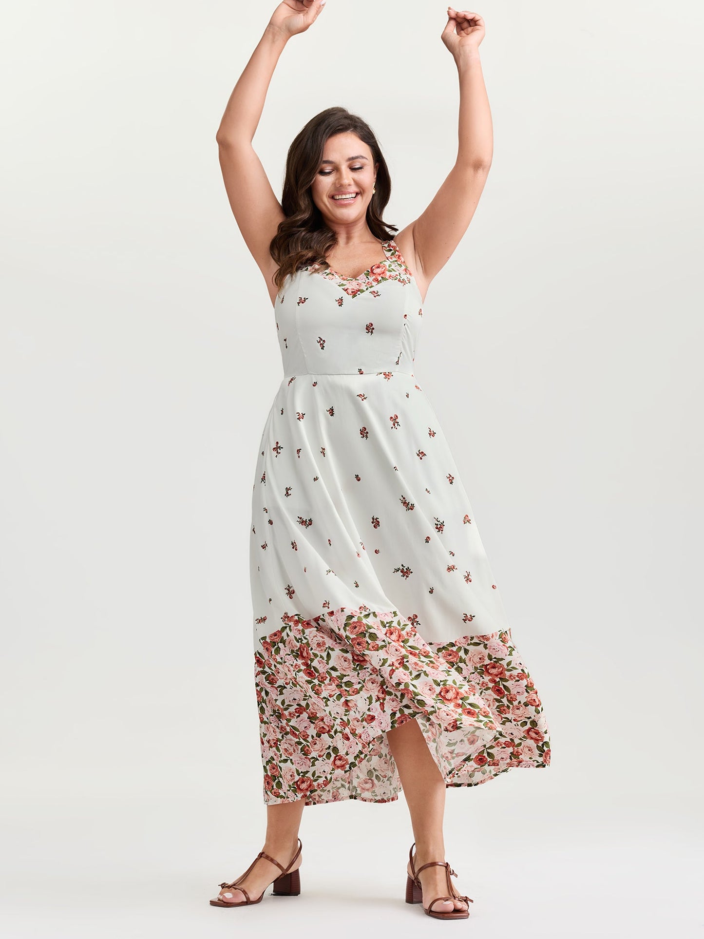Cable Knit Floral Shirred Back Midi Dress