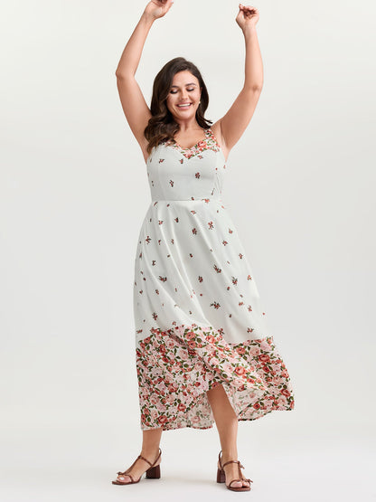 Cable Knit Floral Shirred Back Midi Dress