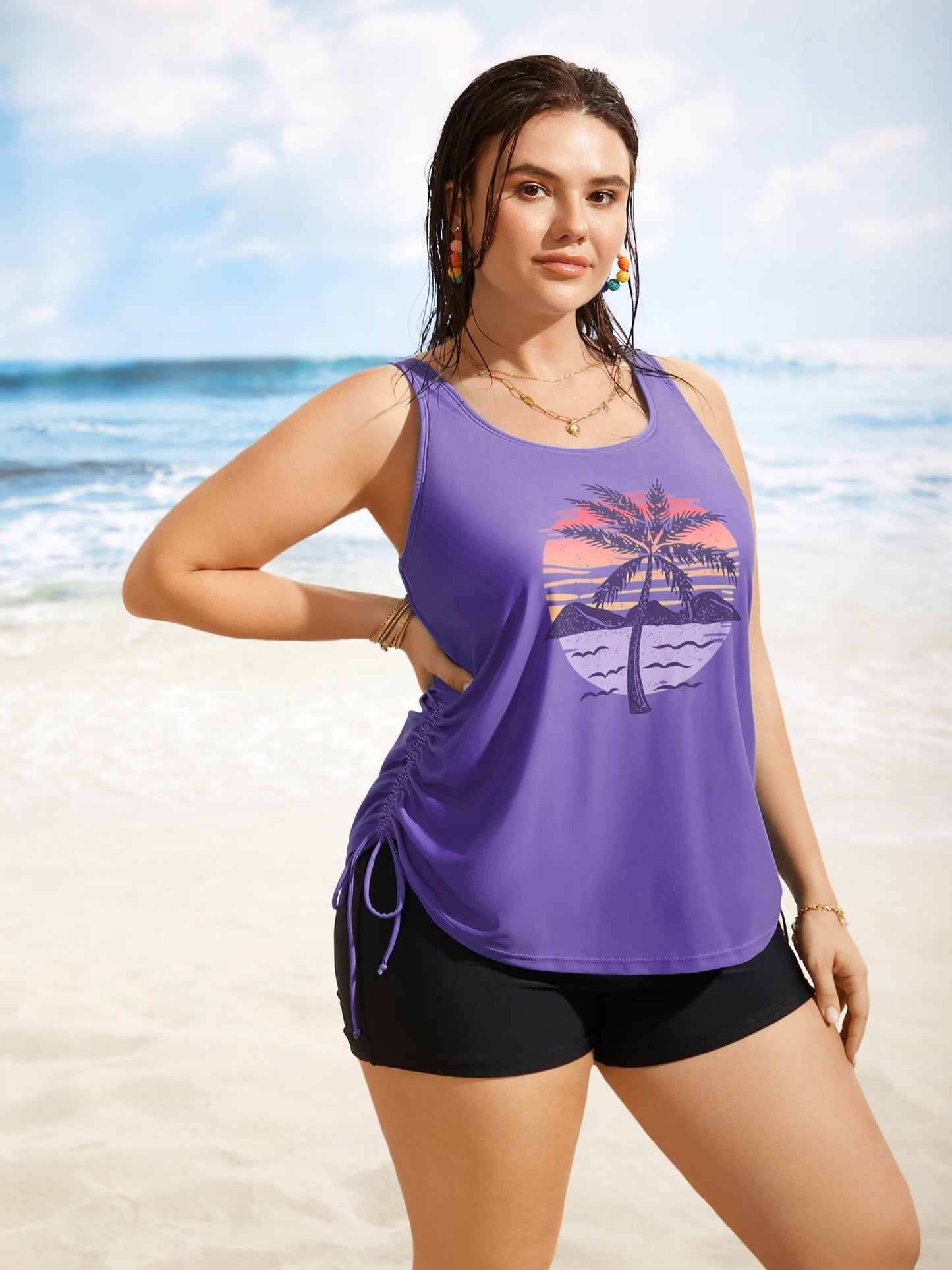 Island Print Drawstring Adjustable Swim Top