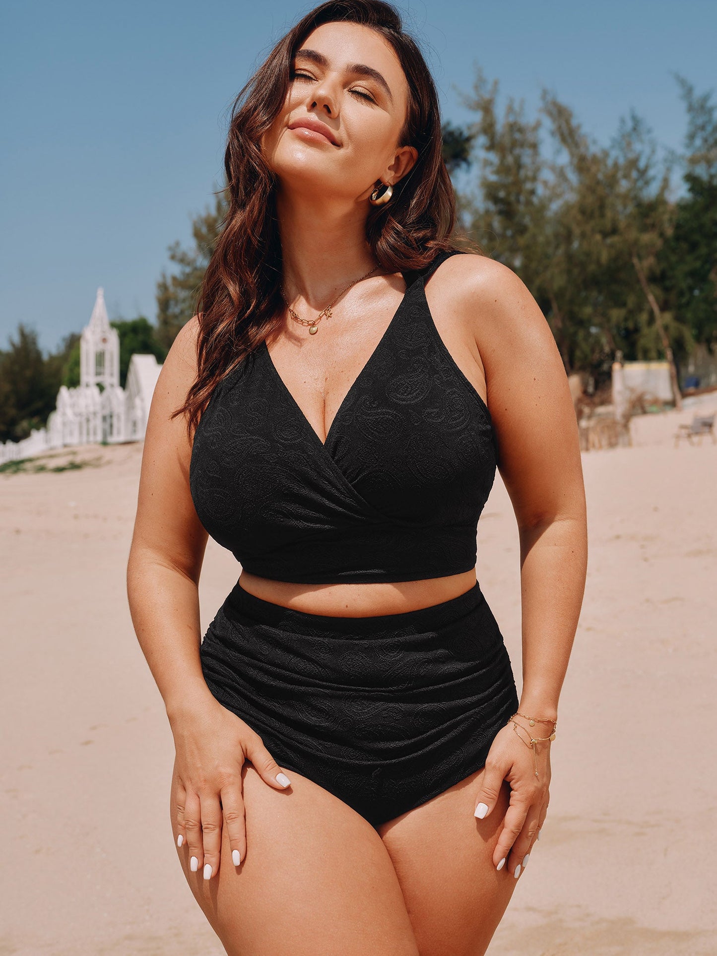 Paisley Textured High-Waisted Swim Bottoms