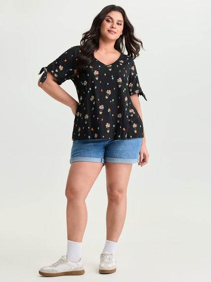 Cotton Multi-Color Balloons Print Sleeve-Tie T-Shirt