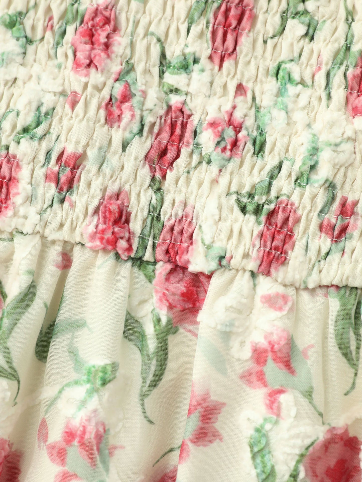 Rosy Floral Print Sweetheart Neckline Shirred Blouse