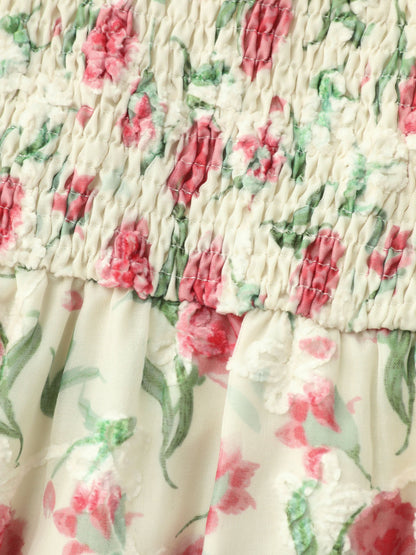 Rosy Floral Print Sweetheart Neckline Shirred Blouse