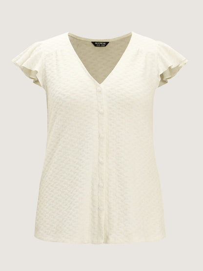 Textured Button Detail Ruffled Sleeve T-Shirt