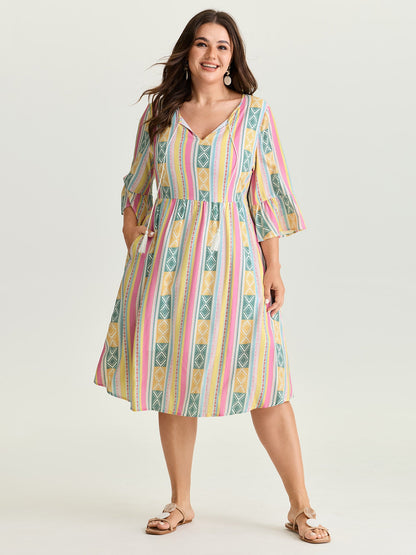 Color Contrast Geometric Print Stretchy Waist Mini Dress