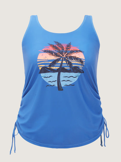 Island Print Drawstring Adjustable Swim Top