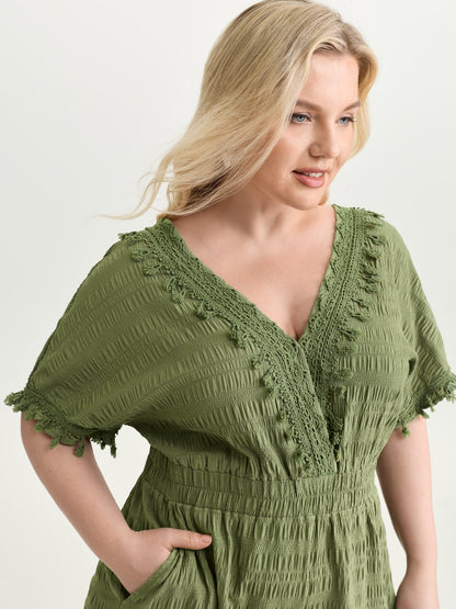 Floral Fringe Lace Neckline Romper
