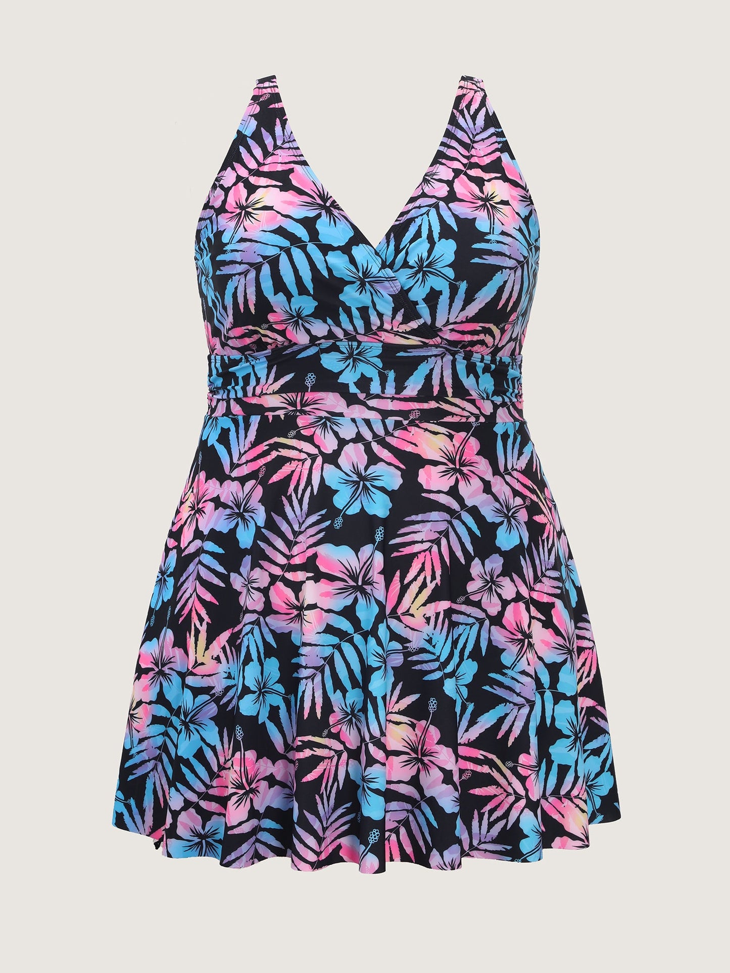 Tropical Floral Color Contrast Pocket Swim Dress