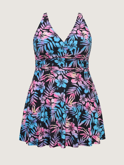 Tropical Floral Color Contrast Pocket Swim Dress