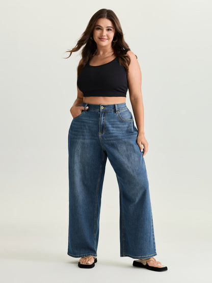Stretchy Elastic Back Waist Wide-Leg Jeans
