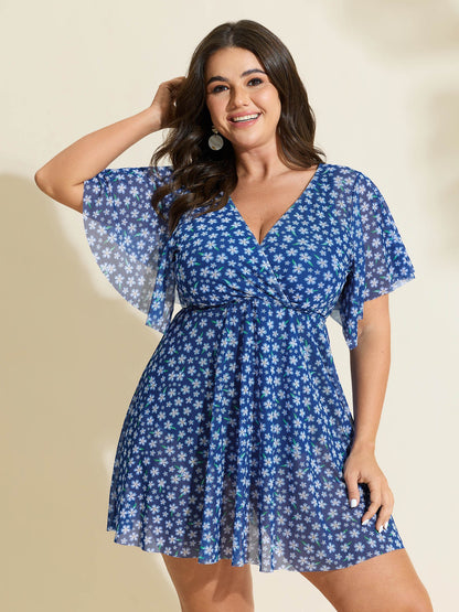 Colorful Sheer Floral Print Swim Dress