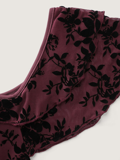 Floral Flocked Mesh Ruched Drawstring Midi Dress