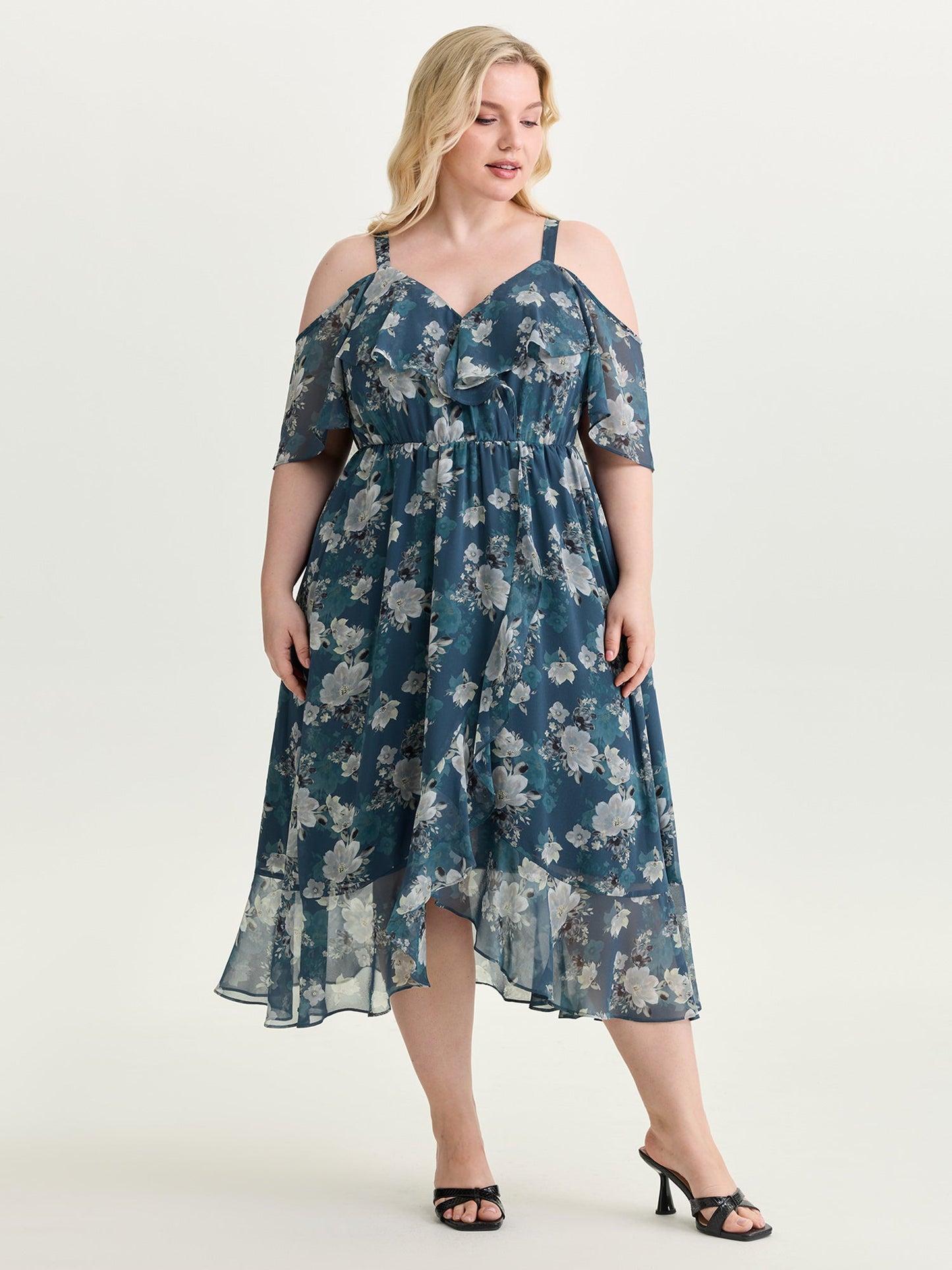 Floral Print Cold-Shoulder Midi Dress