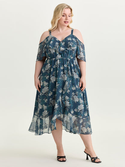 Floral Print Cold-Shoulder Midi Dress