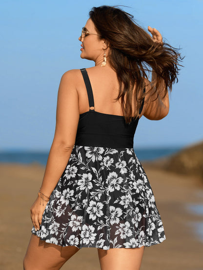 Monochrome Tropical Floral Sheer Swim Dress