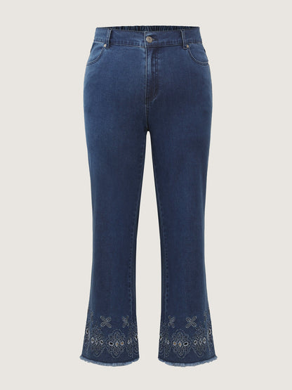 High-Rise Stretchy Embroidered Hem Jeans