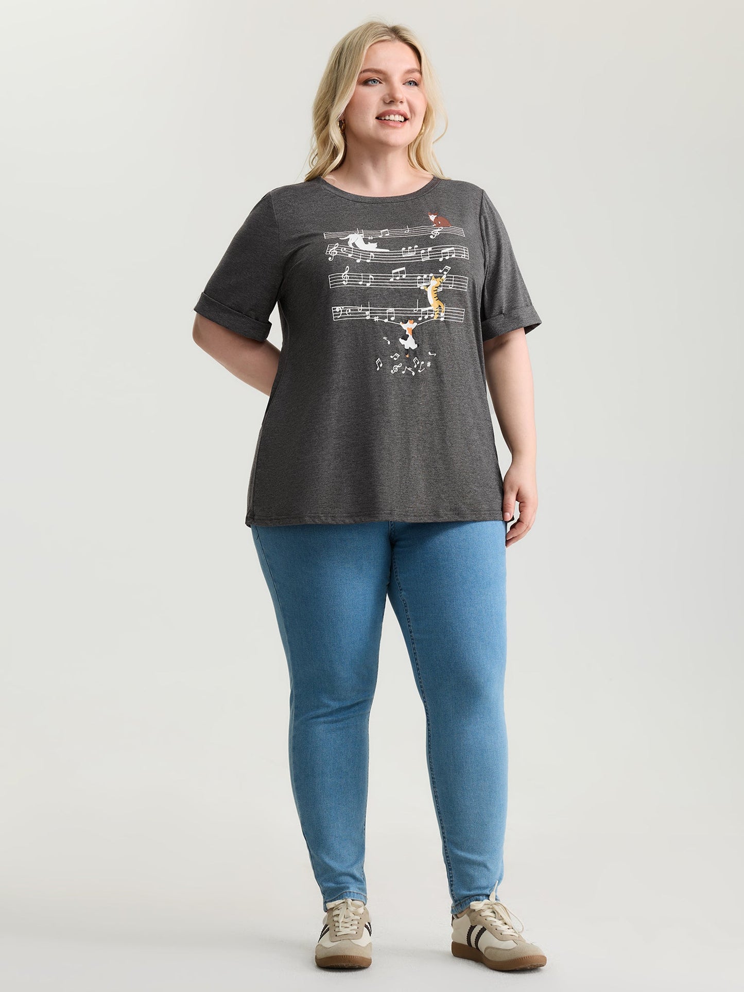 Cat Tunes Print Stretchy T-Shirt