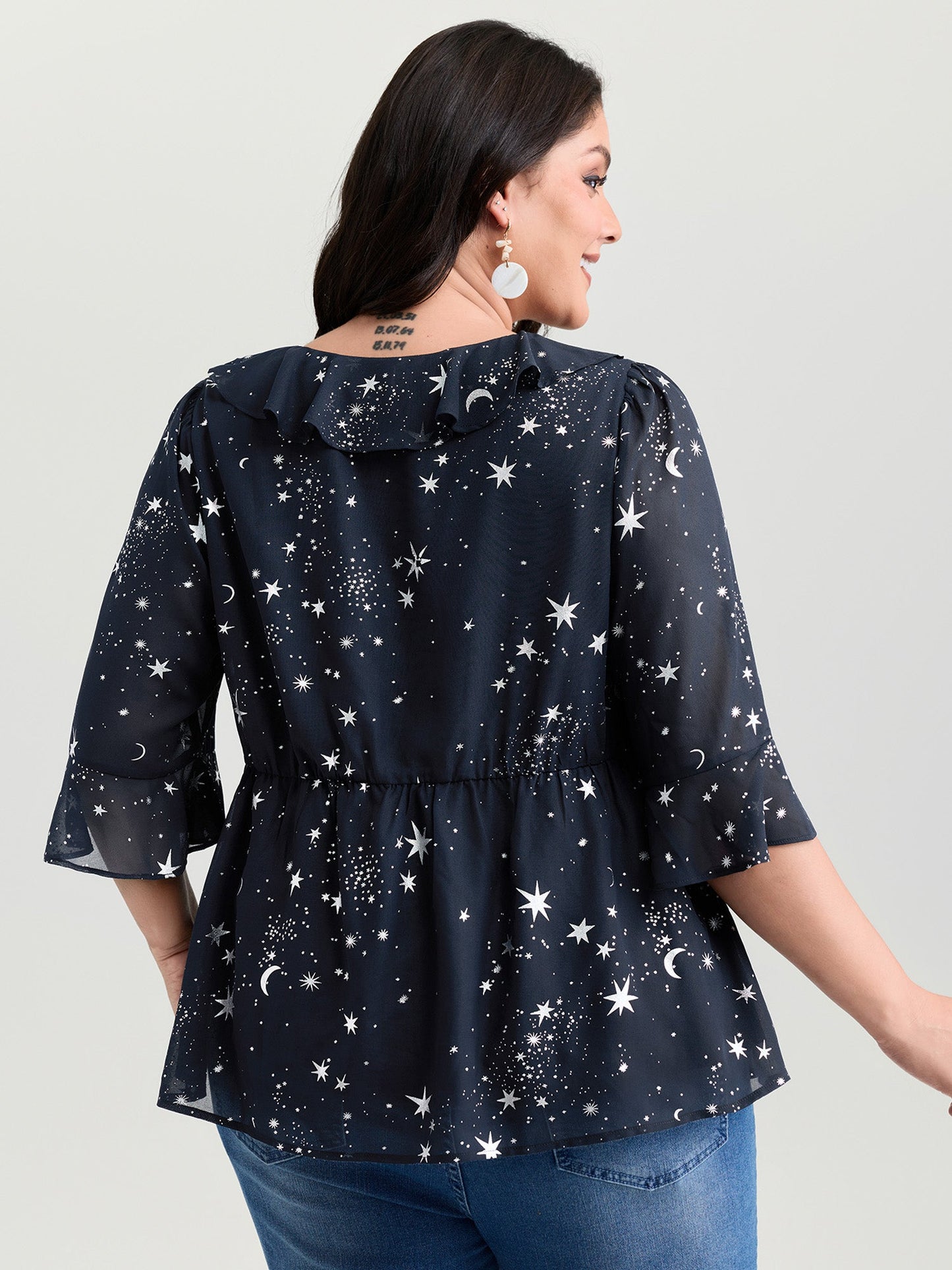 Gold Stamped Floral Print Lotus Leaf Blouse