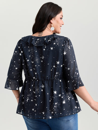Gold Stamped Floral Print Lotus Leaf Blouse