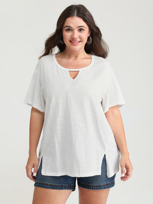 Pure Cotton Keyhole Neckline Flowy T-Shirt