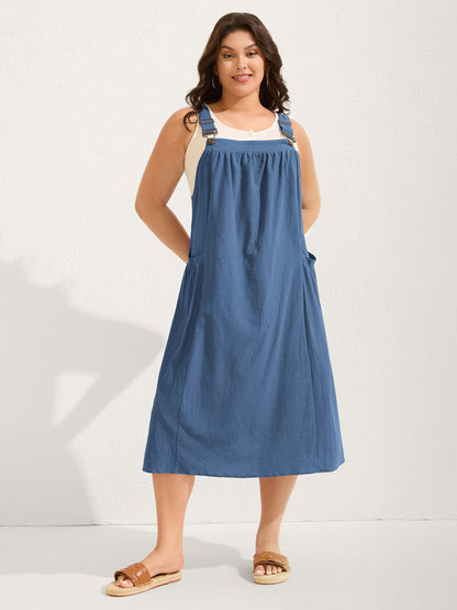 plus size Pure Cotton Pleated Pockets Midi Dress