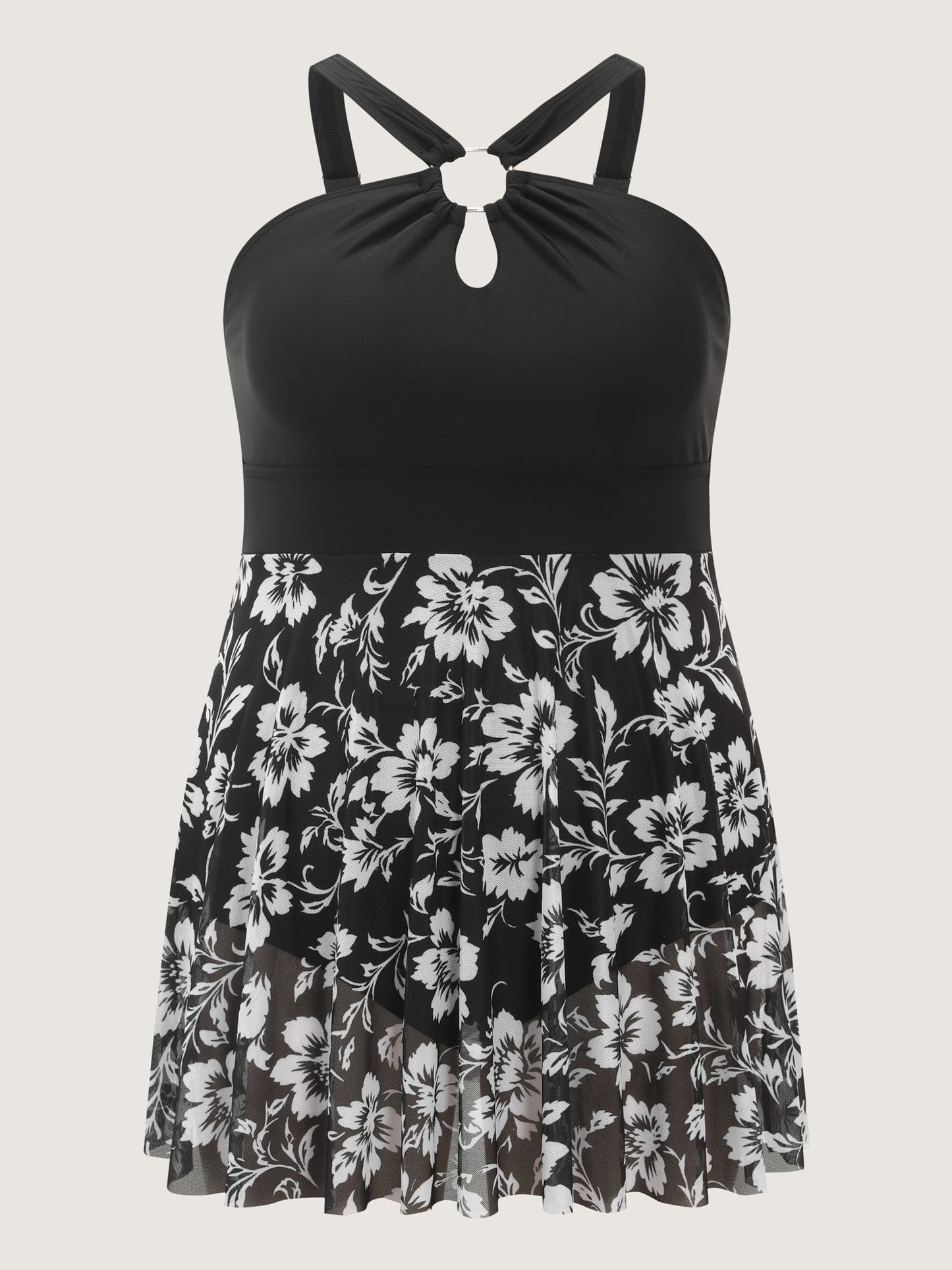 Monochrome Tropical Floral Sheer Swim Dress
