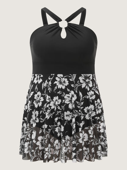 Monochrome Tropical Floral Sheer Swim Dress