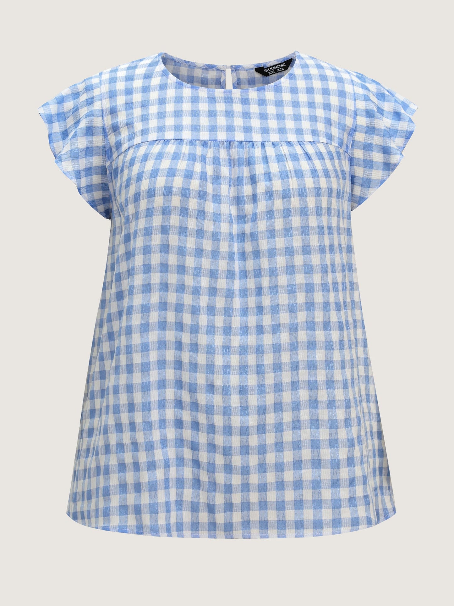 Gingham Print Ruffled Sleeve Pleated Blouse
