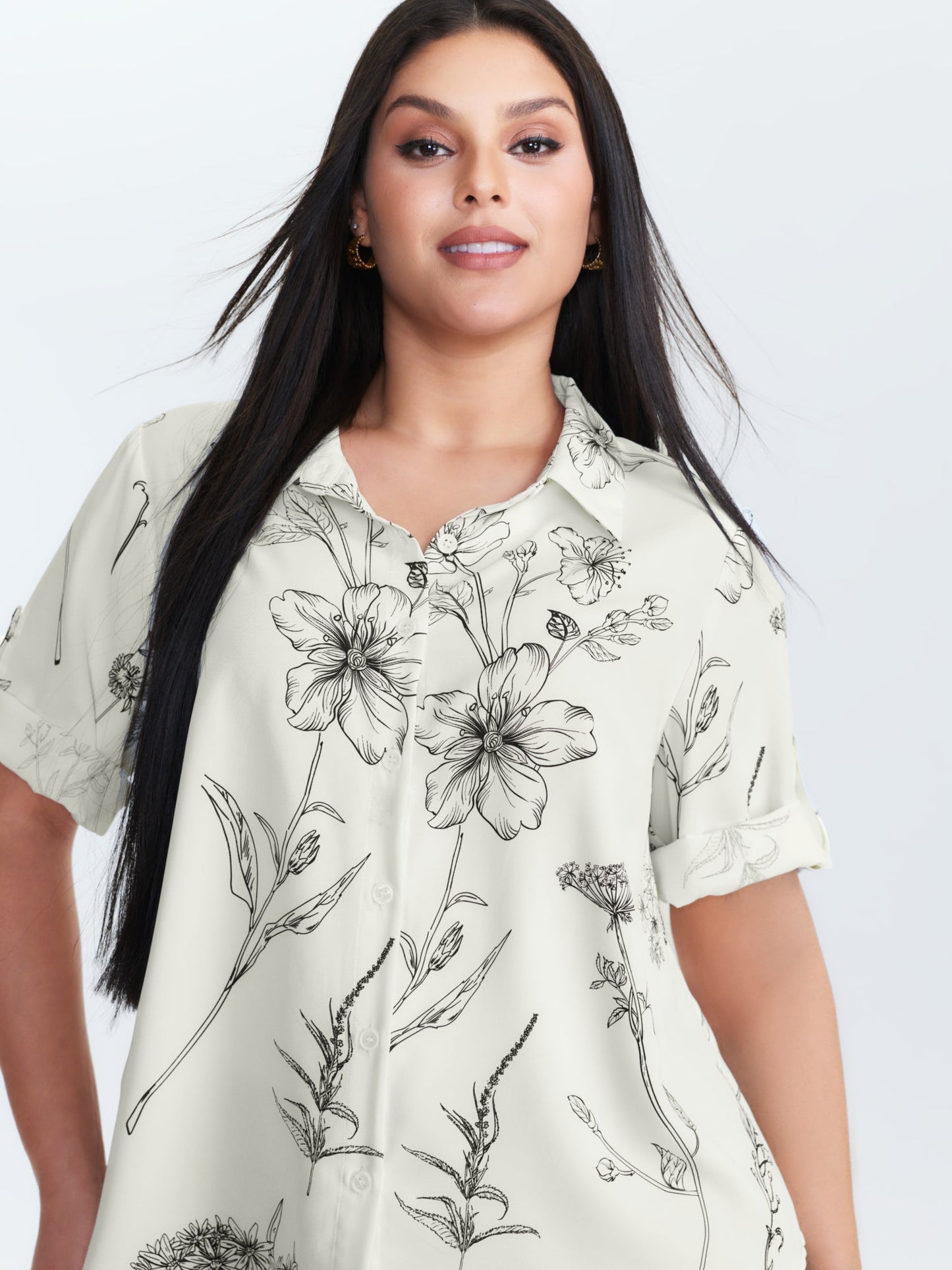 Floral Print Tab Sleeve Button-Down Blouse