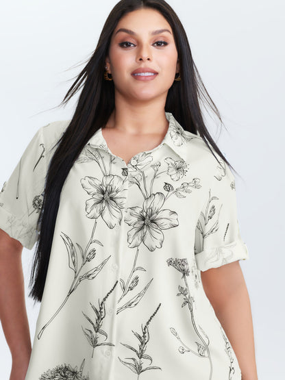 Floral Print Tab Sleeve Button-Down Blouse