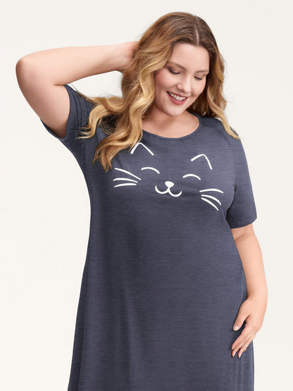 Happy Cat Print Stretchy Contrast Nightgown