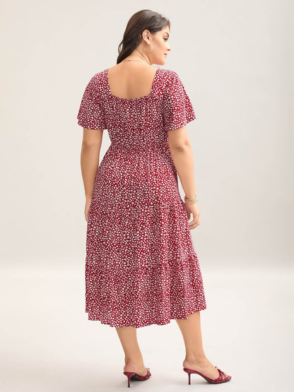 plus size Ditsy Floral Sweetheart Drawstring Pocket Tiered Dress