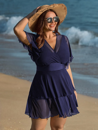 Sheer Ruffled Sleeve Layered Swim Dress