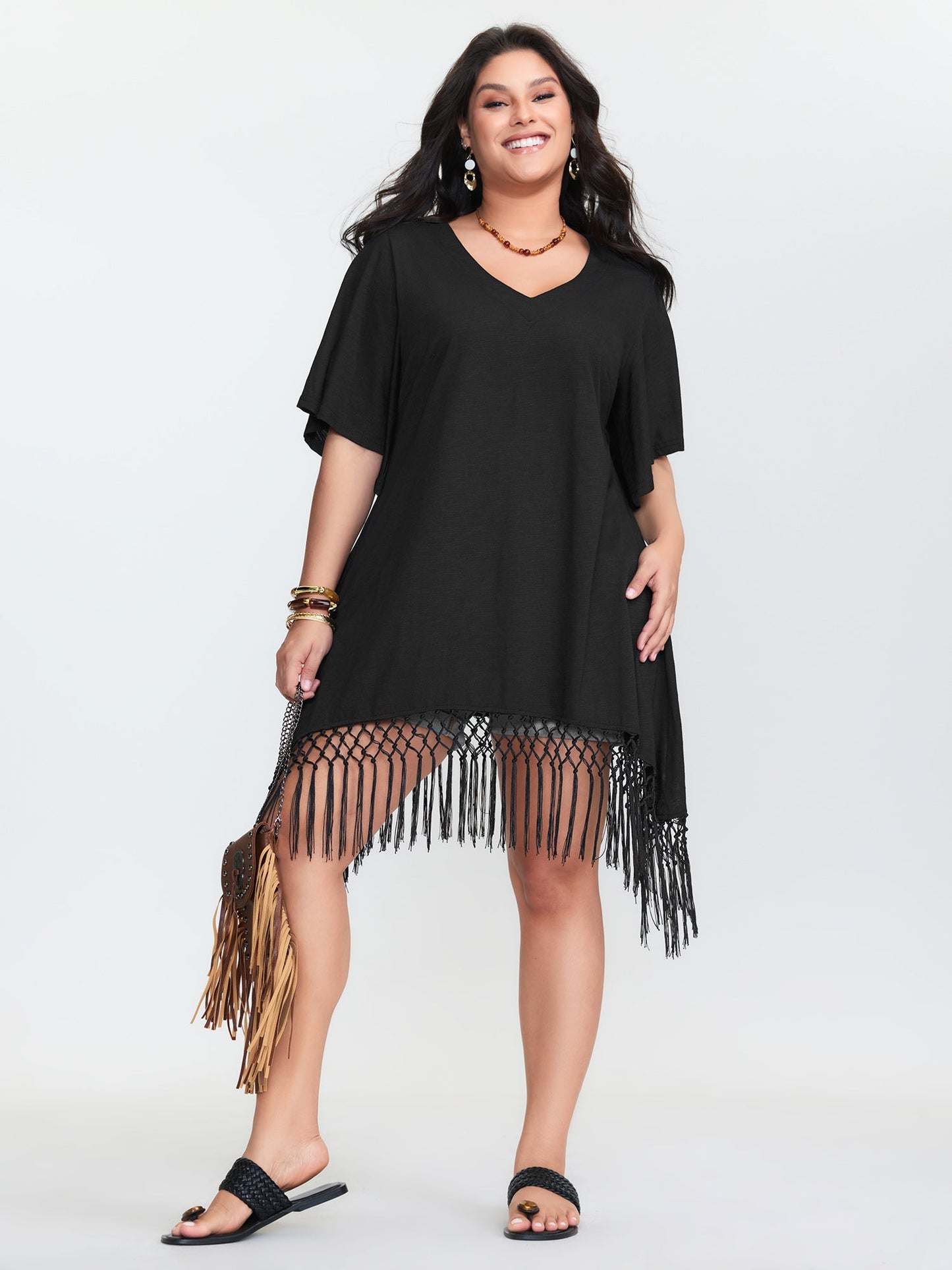 Asymmetrical Tassel Hem Plain Tunic