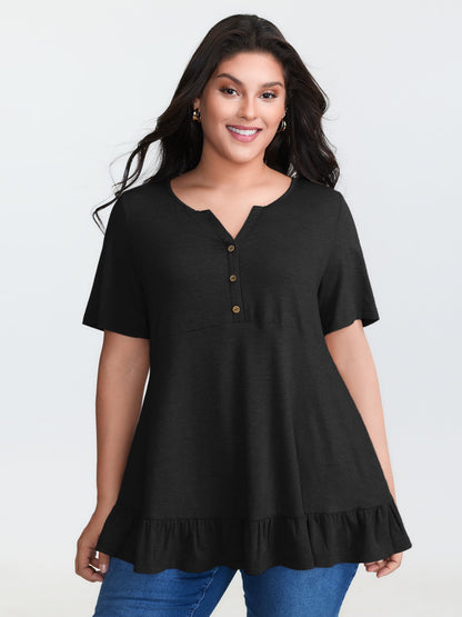 Supersoft Stretchy Ruffled Hemline Button T-Shirt