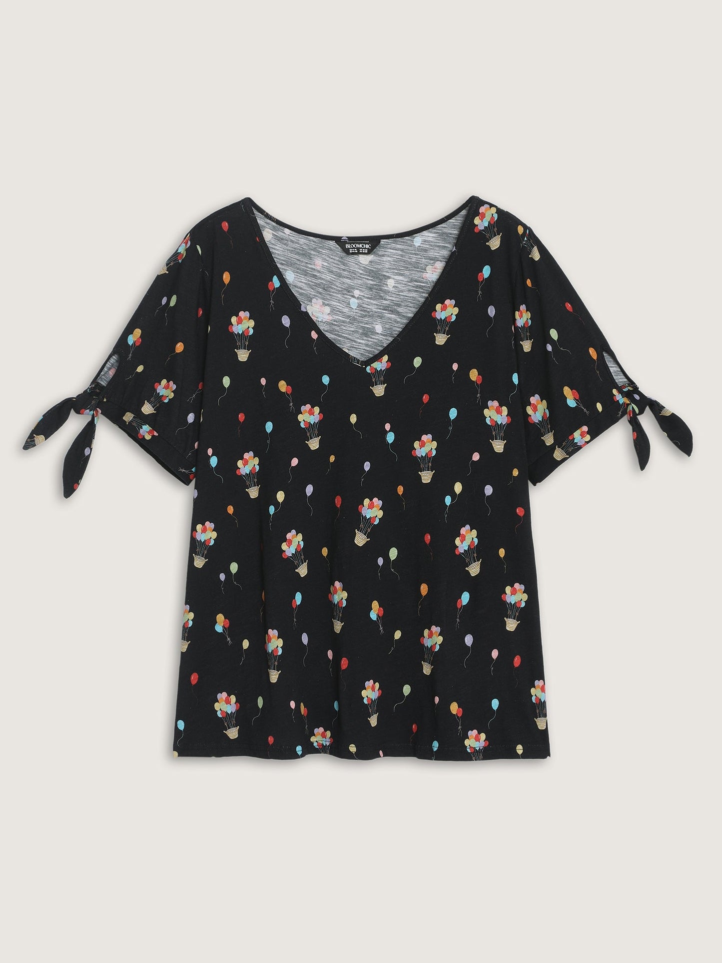 Cotton Multi-Color Balloons Print Sleeve-Tie T-Shirt