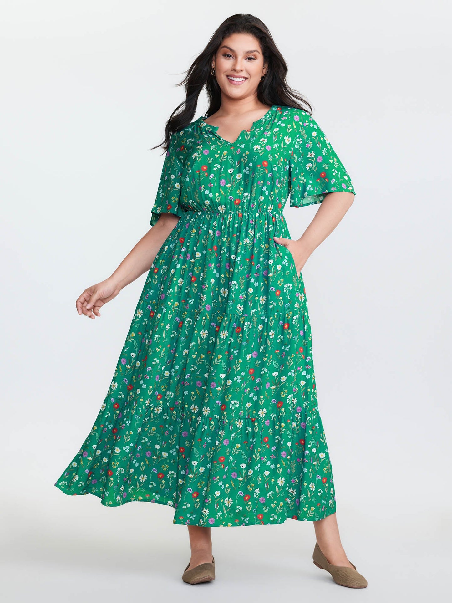 Floral Print Pockets Tiered Maxi Dress