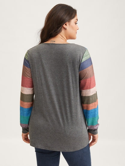 Colorblock Contrast V Neck Button Up T-shirt