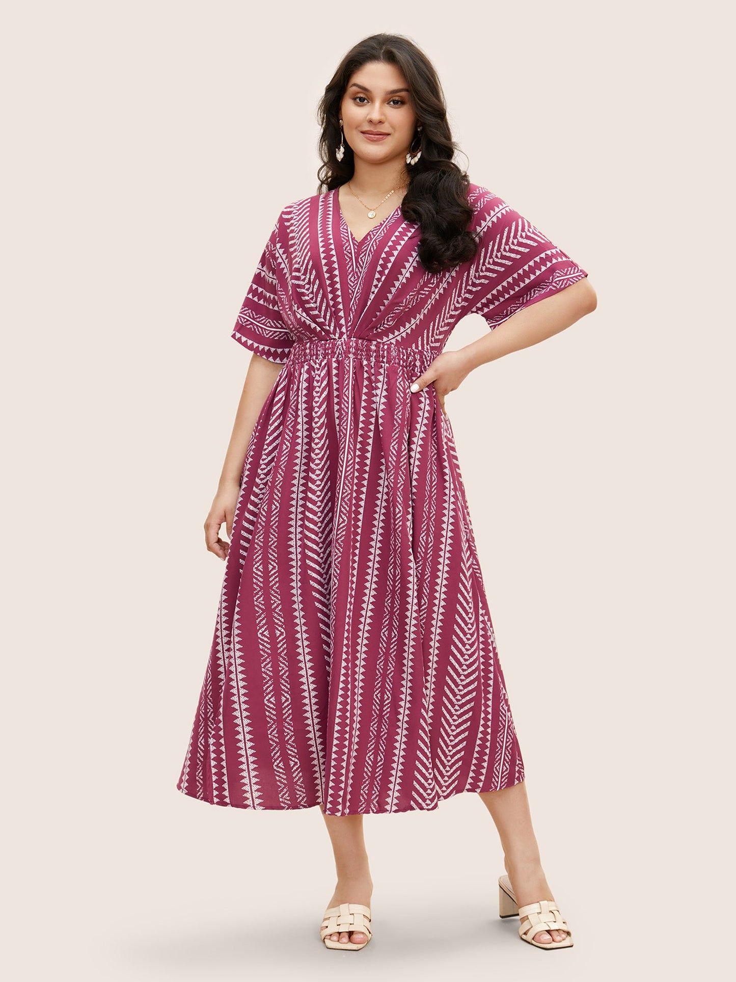 plus size Solid Geometric Dolman Sleeve Pocket Shirred Split Hem Dress