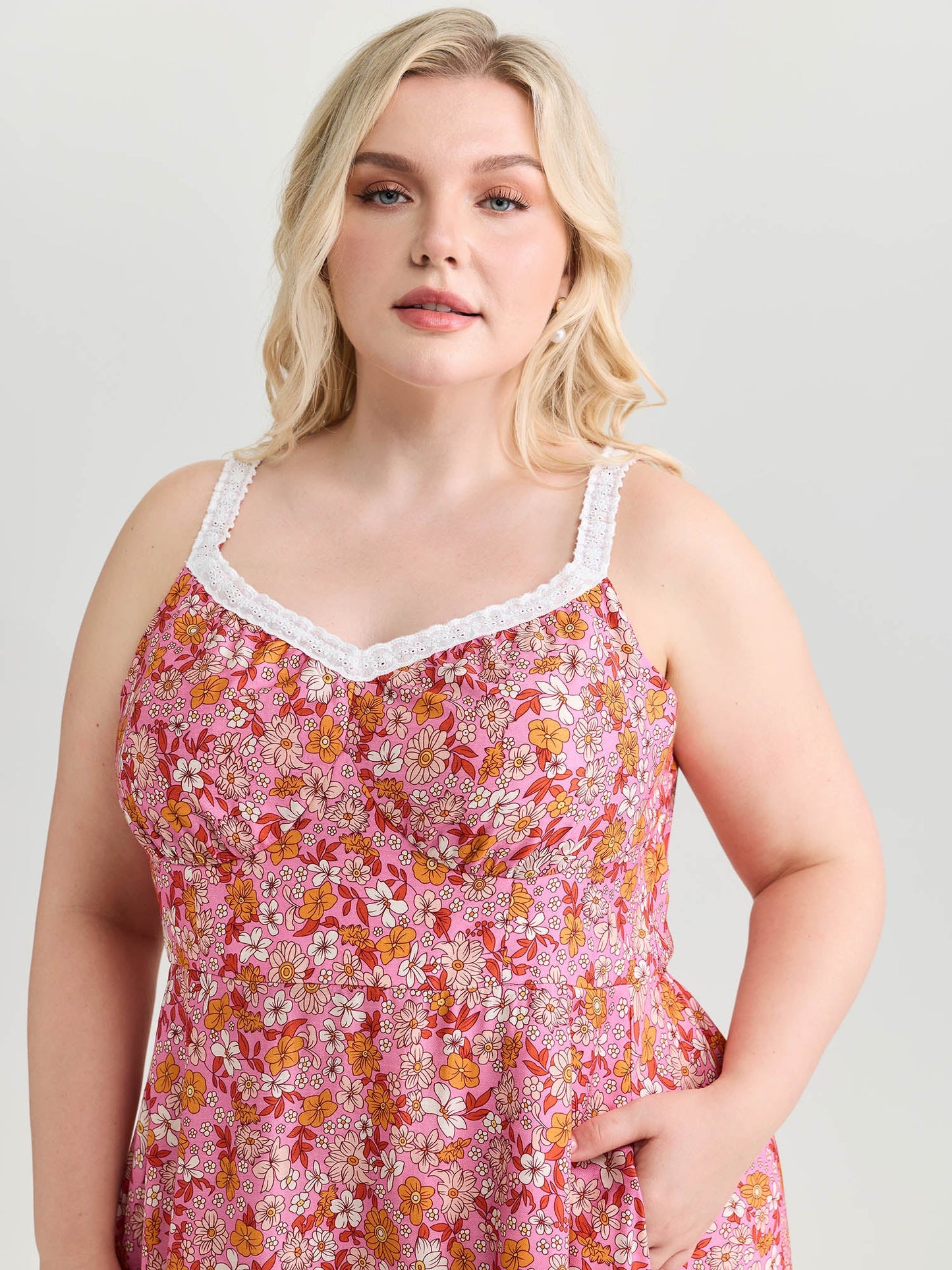 Bright Floral Print Lace Neckline Midi Dress