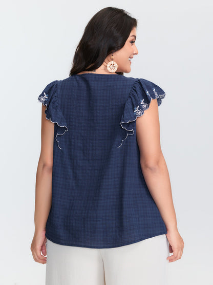 Embroidered Neckline Ruffled Sleeve Blouse