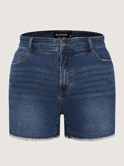 Raw Hem Stretchy Straight-Leg Denim Shorts