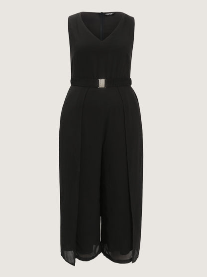 Metallic Buckle Layered Hem Slit Jumpsuit
