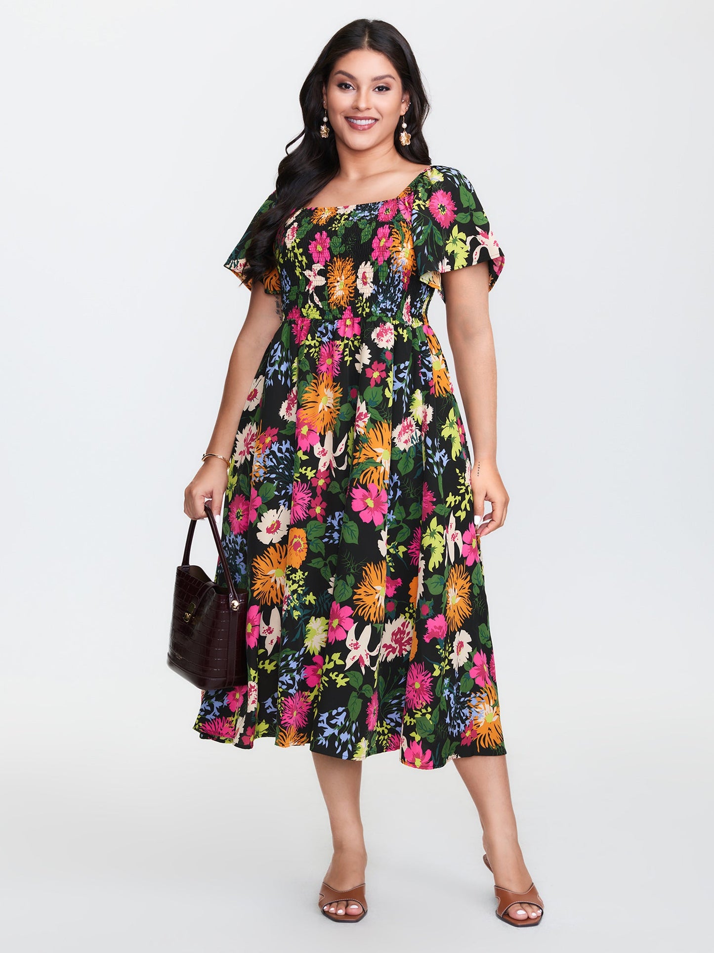 plus size Floral Shirred Square Neck Pocket Midi Dress