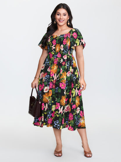plus size Floral Shirred Square Neck Pocket Midi Dress