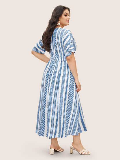 plus size Solid Geometric Dolman Sleeve Pocket Shirred Split Hem Dress
